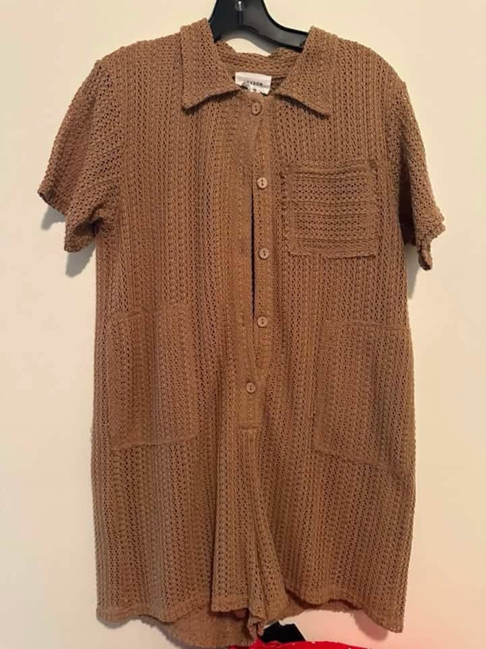 Crochet Button-Front Jumpsuit Romper - Tan
